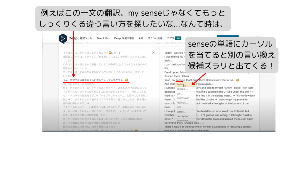 DeepL言い換え候補の画面